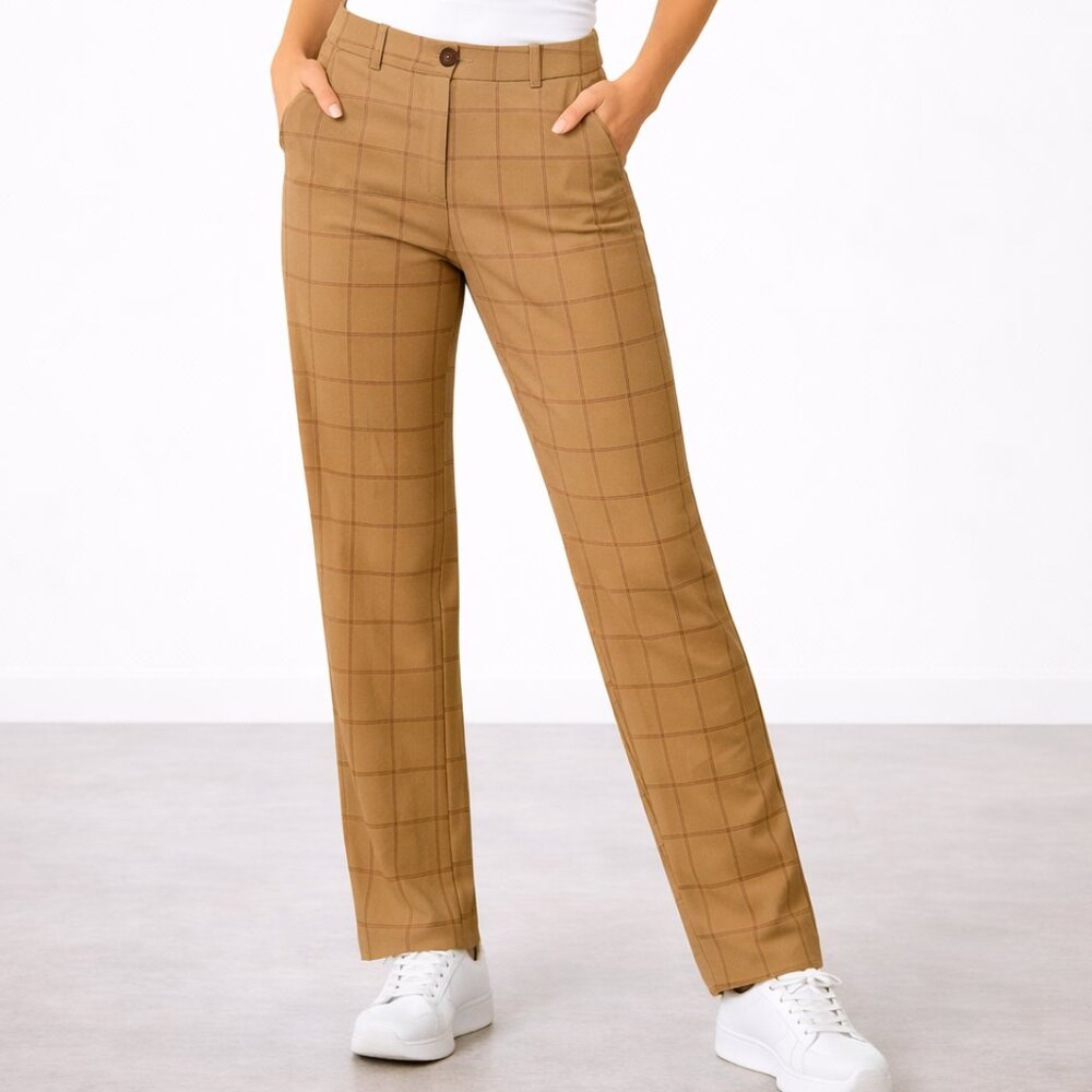 Tan Windowpane Plaid Dress Pants‎ Straight Leg Career Workwear – Women’s Large